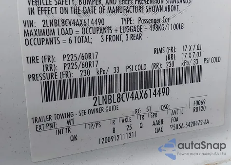 2010 Lincoln Town Car Signature Limited z USA, uszkodzony, nr VIN 2LNBL8CV4AX614490
